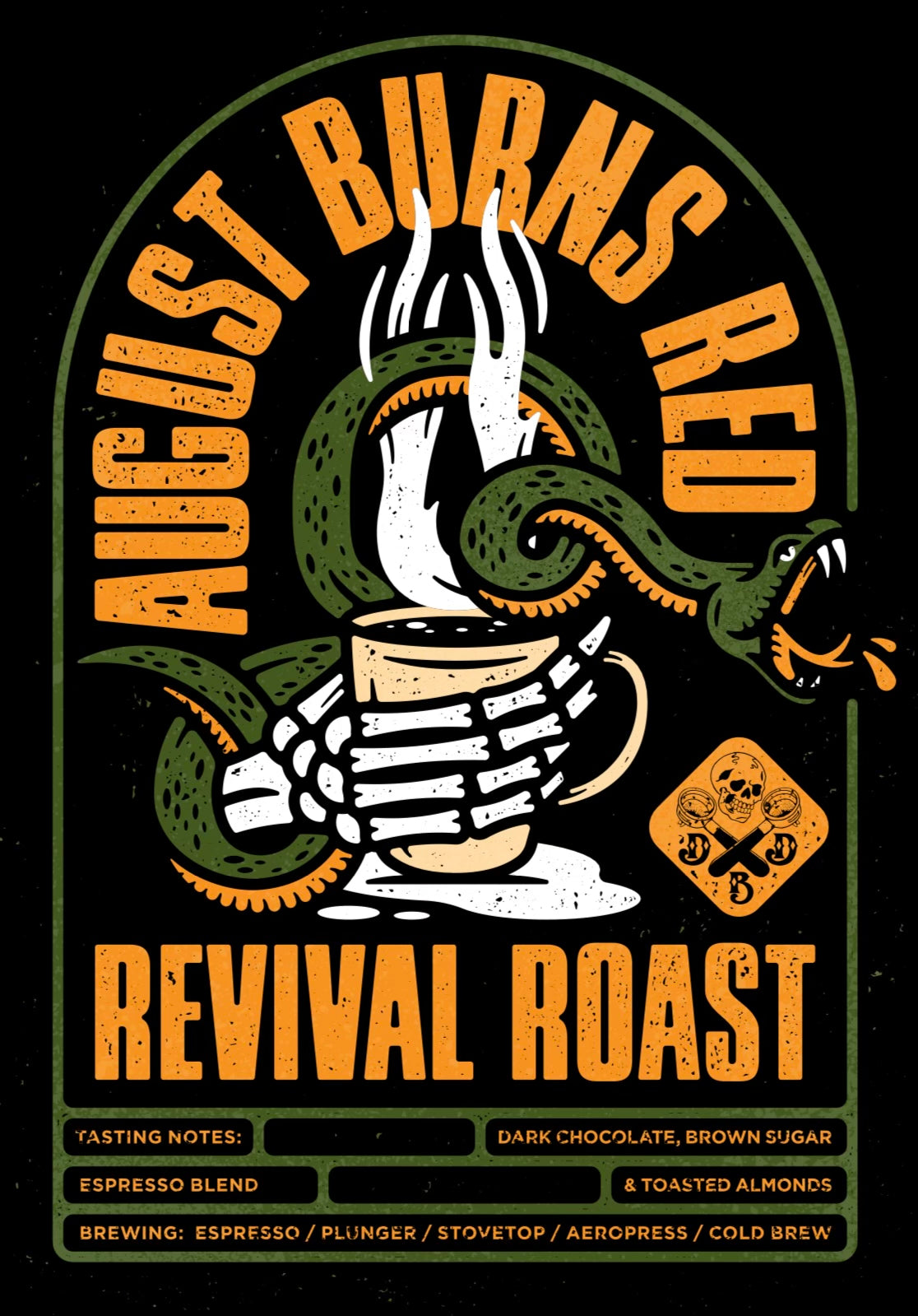 DBD x ABR Revival Roast. Tatsing notes of dark chocolate, brown sugar, toasted almonds. 500g bag.