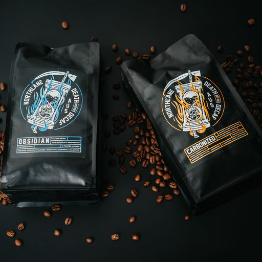 (left) OBSIDIAN espresso blend. Suited for espresso / plunger / stovetop / Aeropress / cold brew.. Tasting notes: dark chocolate, brown sugar, toasted almonds. (right) CARBONIZED single origin filter. Suitable for V60 / filter / Aeropress. Tasting notes: black plum, cola, kiwi fruit.