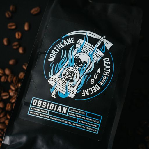 OBSIDIAN espresso blend. Suited for espresso / plunger / stovetop / Aeropress / cold brew.. Tasting notes: dark chocolate, brown sugar, toasted almonds.